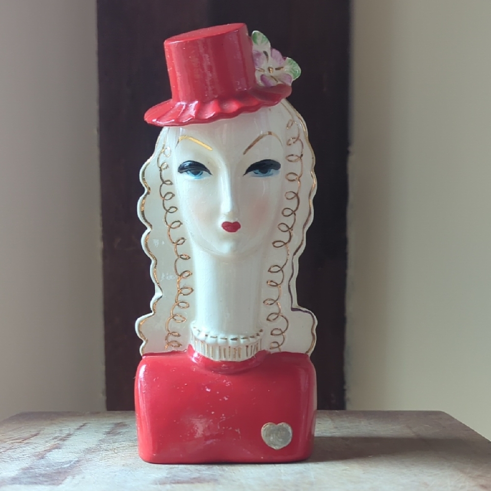 Vintage Rar Art Deco Head Vase, Made In Japan, 7in, Gold Guild. Red Hat, Red Lip